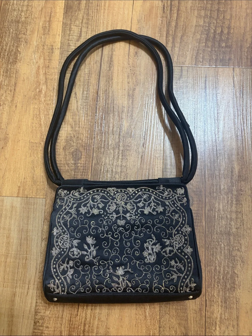 Michelle hatch New York black satin canopy embroidered handbag purse